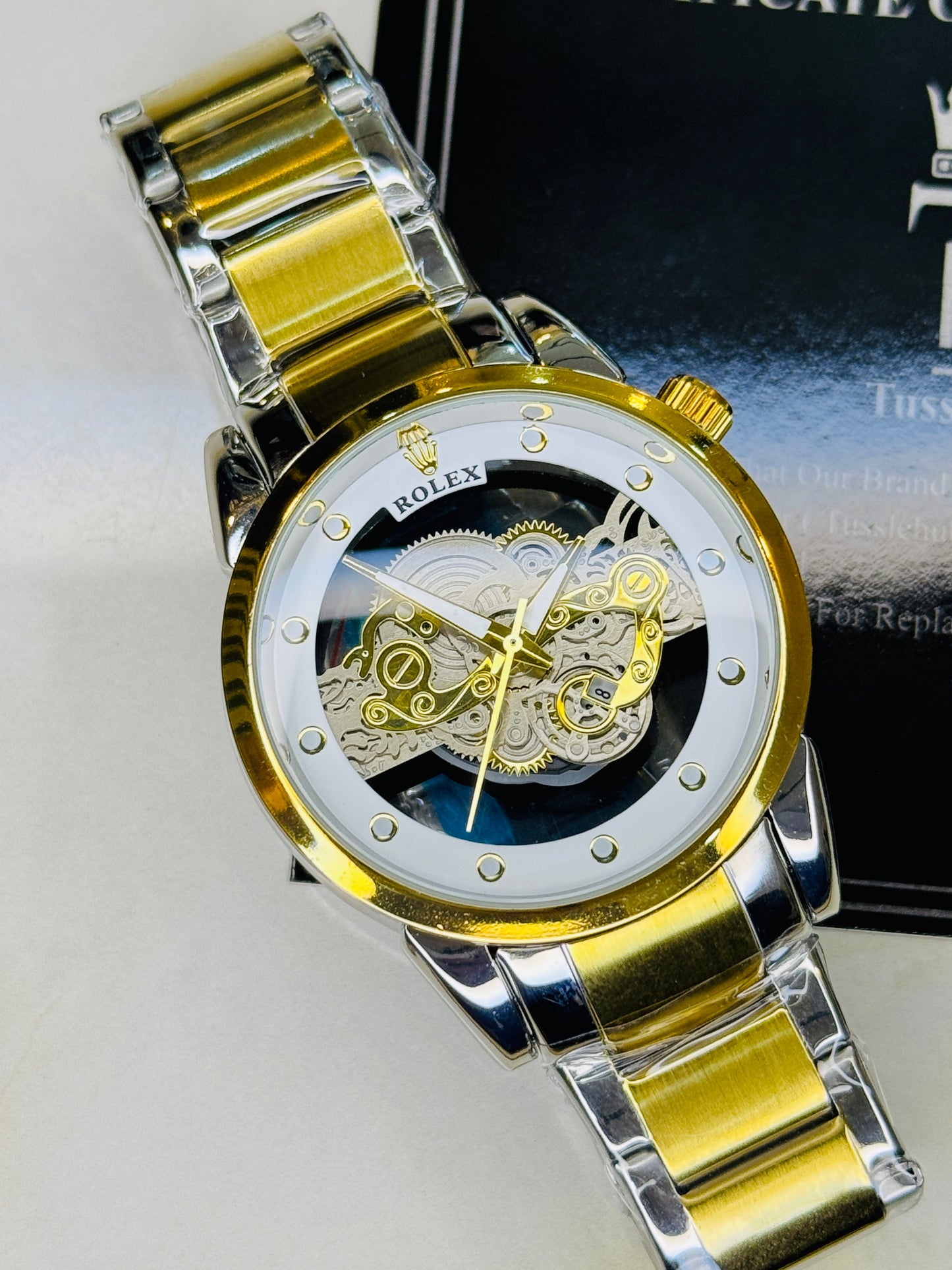 Two Tone White Skeleton Rolex Watch