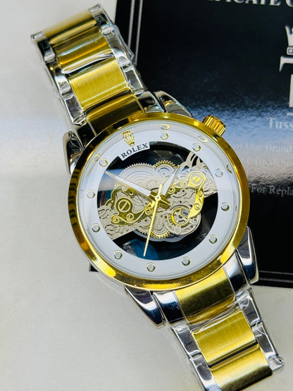 Two Tone White Skeleton Rolex Watch