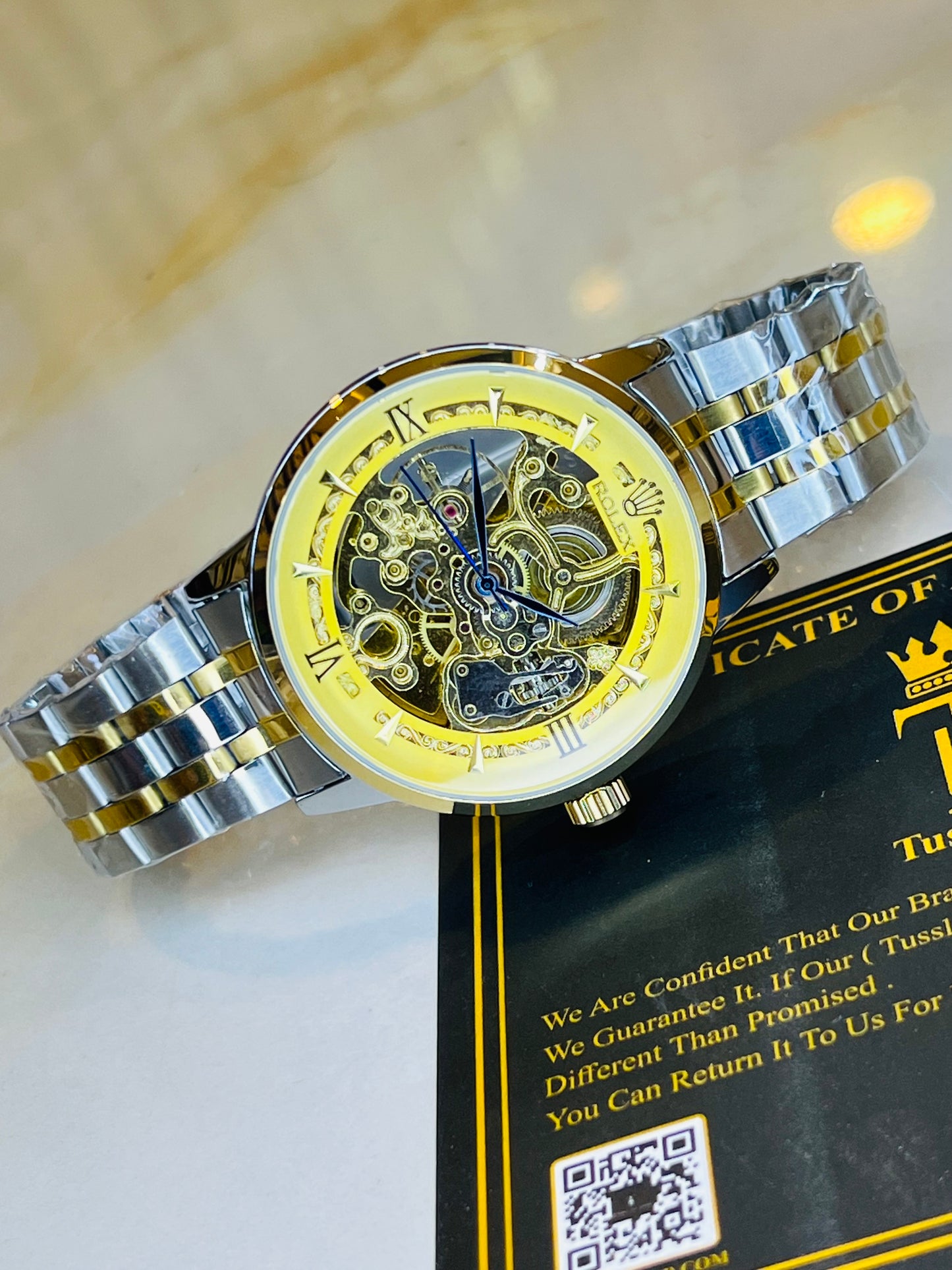 R-1 Two Tone Gold Chain Strap Skeleton Automatic Watch