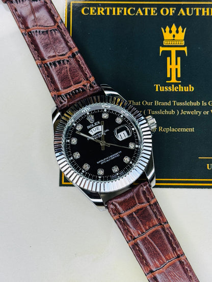 Brown Silver Black Day Date Leather Rolex Watch