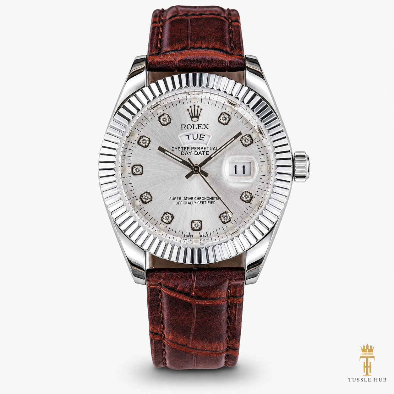 Brown Silver White Day Date Leather Rolex Watch