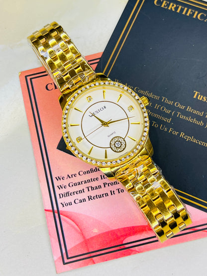 Gold Westchi White Iced Date Dial Watch For Her