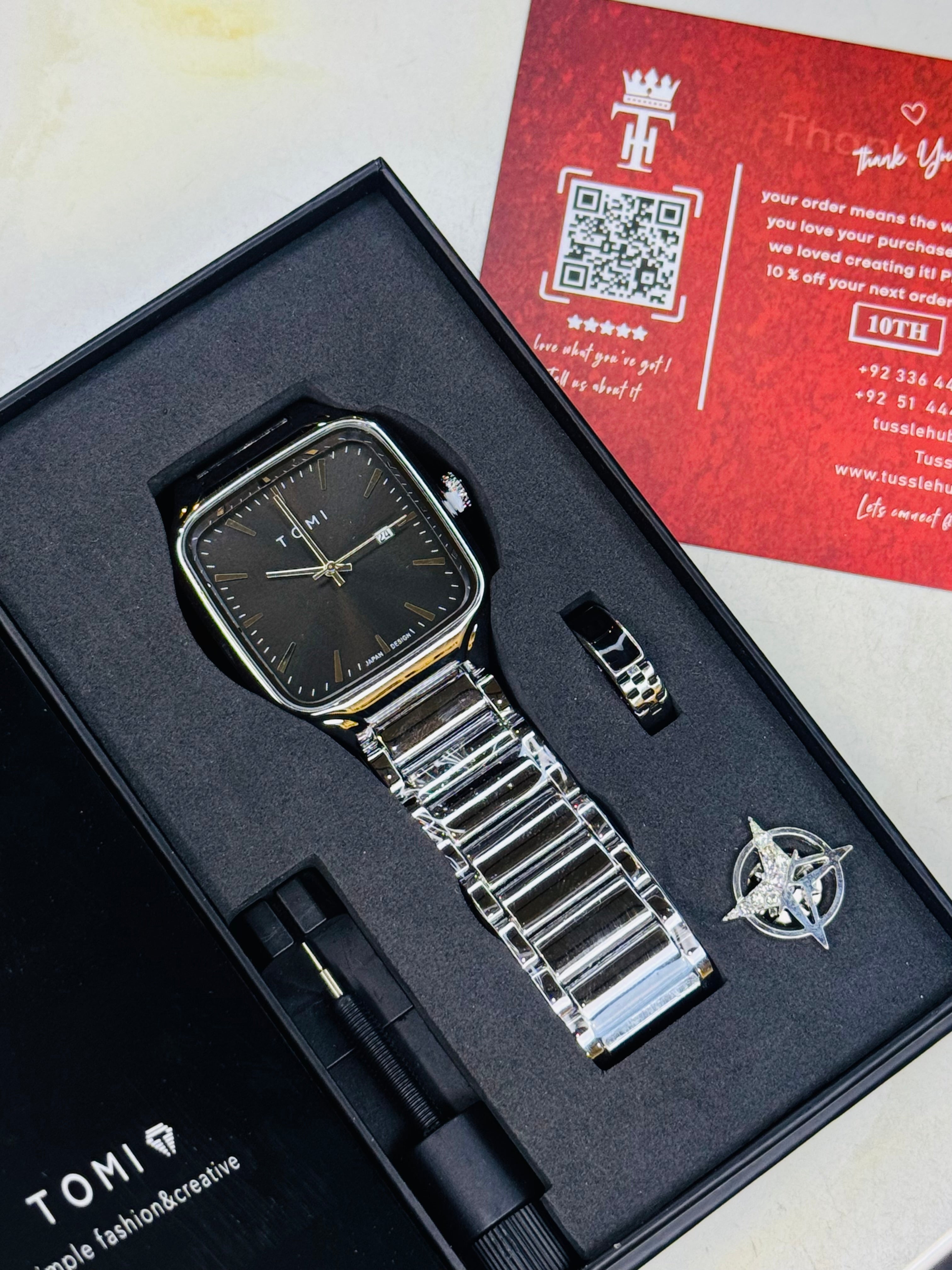 Tomi S3 Square Silver Black Gift Set Watch
