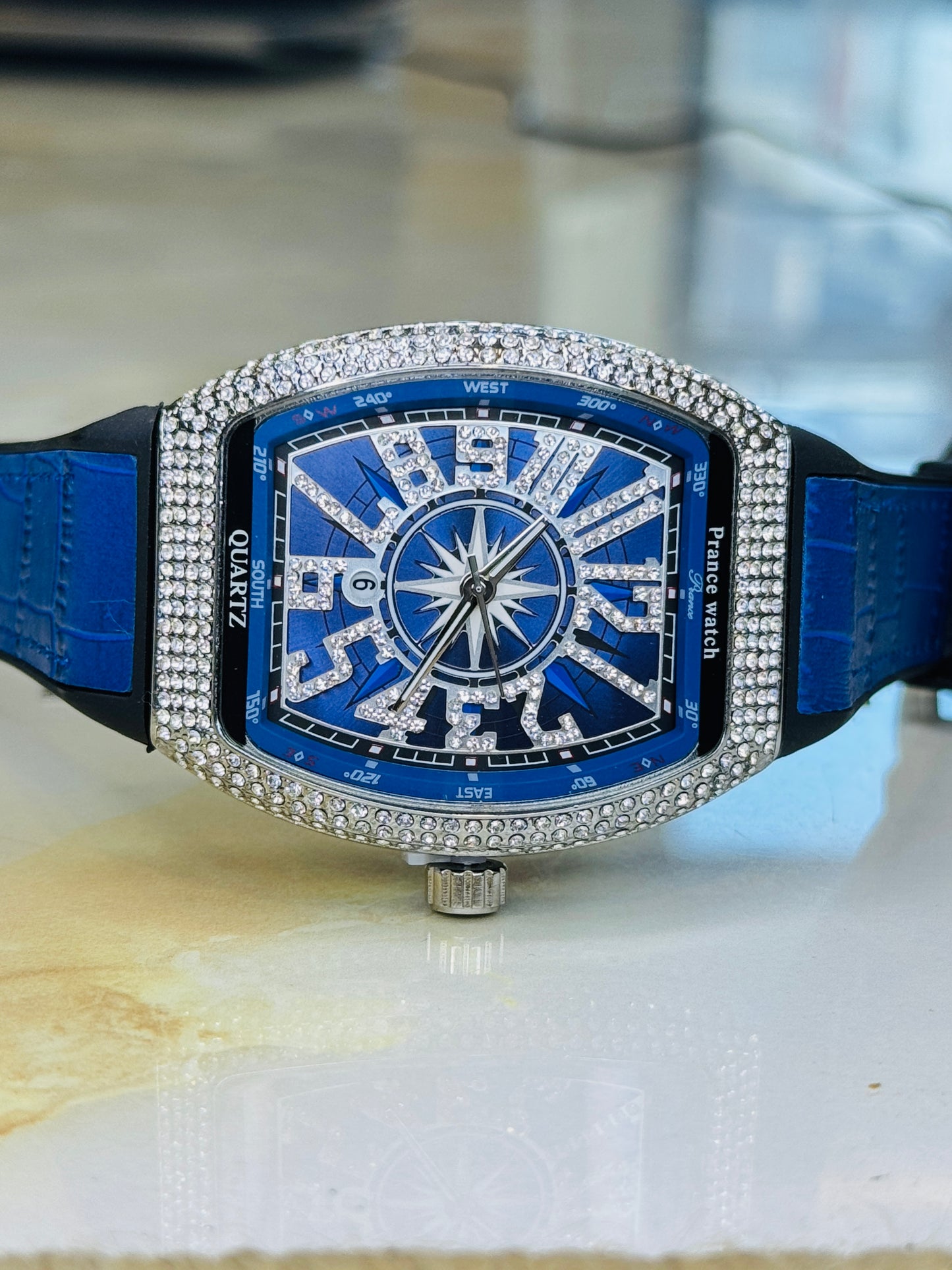 Blue Silver Iced Frank Muller Watch