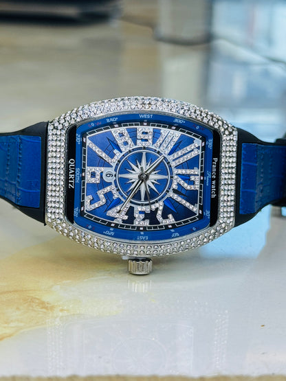 Blue Silver Iced Frank Muller Watch