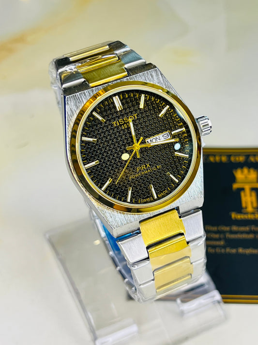 Tissot PRX Silver Gold With Black Textured Dial Watch