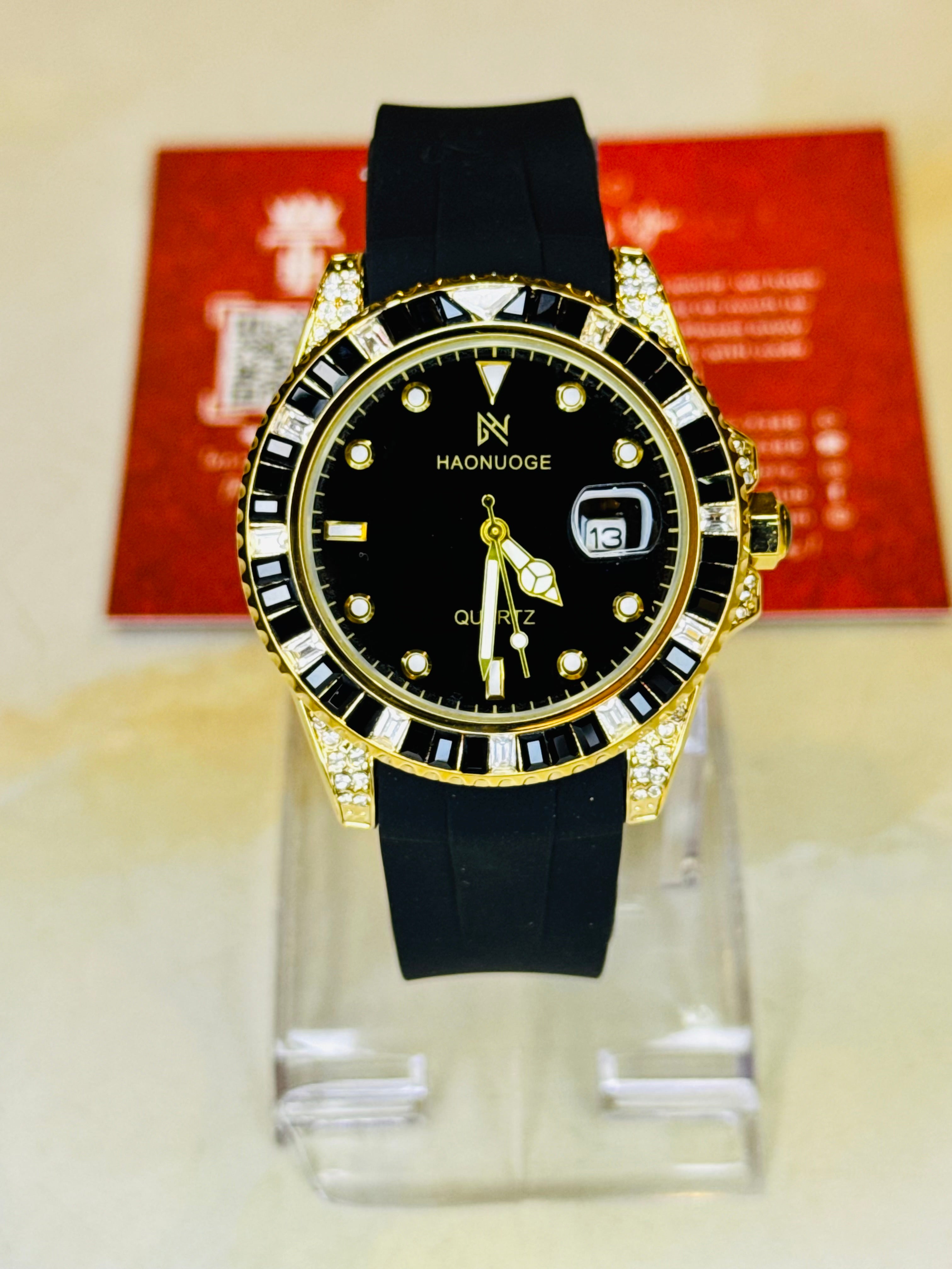 Onyx Gem Stones Gold Bezel Watch