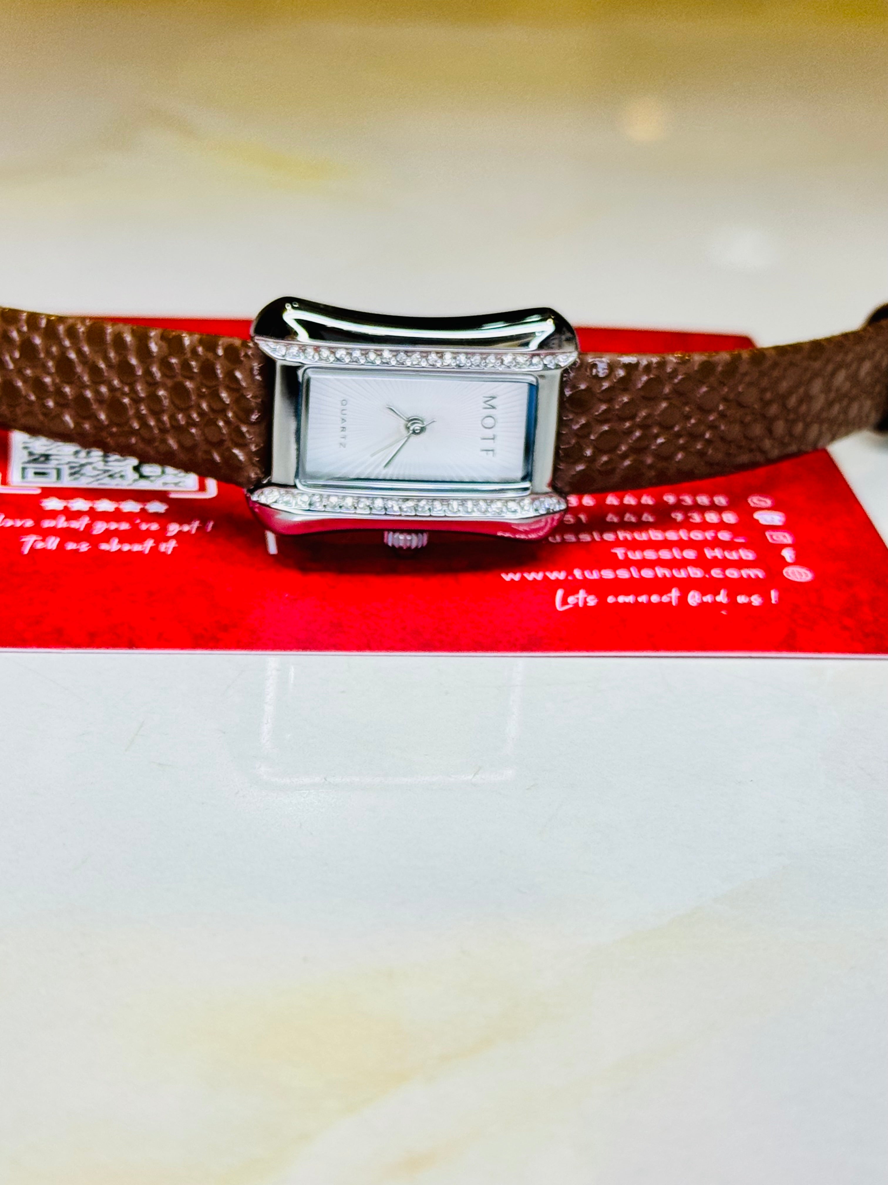 Brown Leather Zircon Square Watch For Her