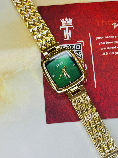 Gold Emerald Guqi Square Watch For Her