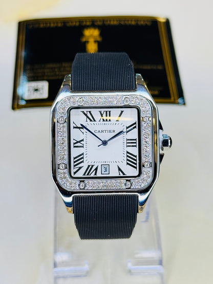 Silver White Iced Tank Silicon Cartier Watch