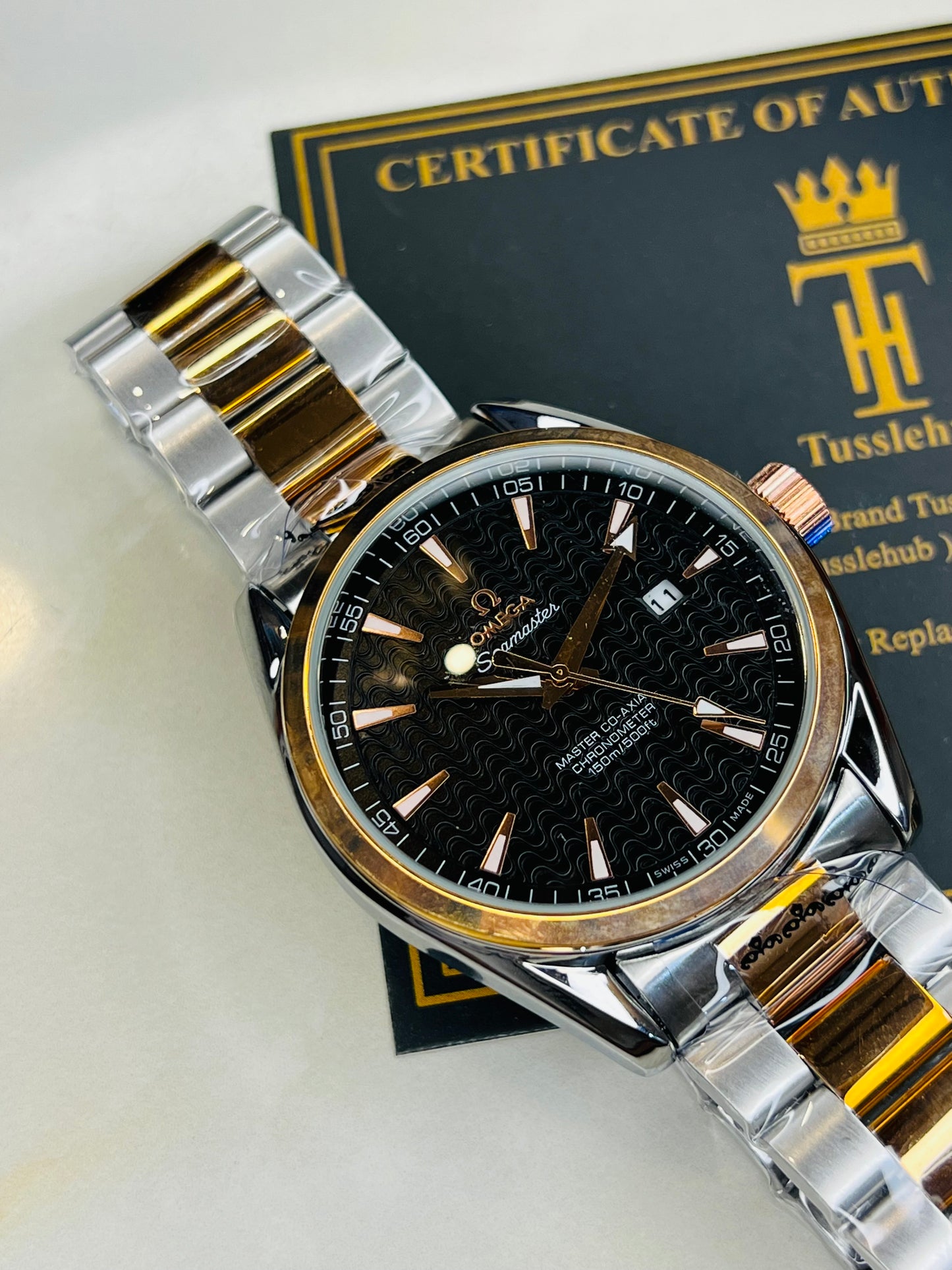 Automatic Sea Master Two Tone Black Dial Watch