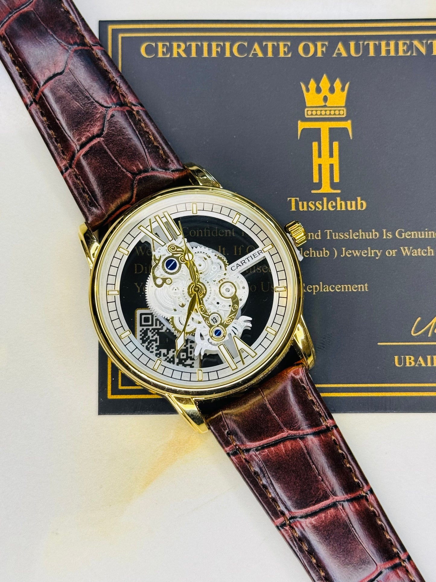 Brown Gold Skeleton Leather Cartier Watch