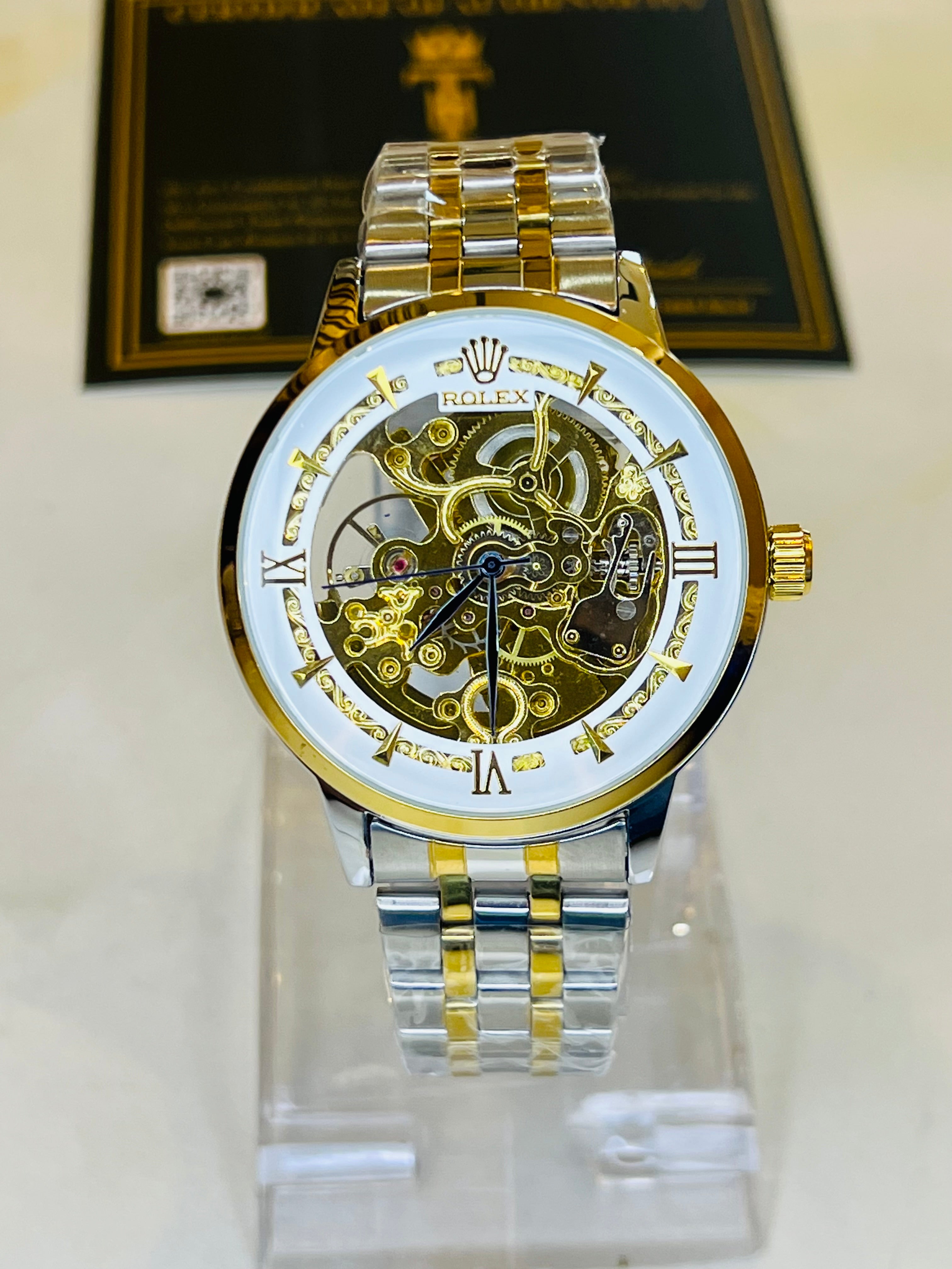 R-1 Two Tone White Chain Strap Skeleton Automatic Watch