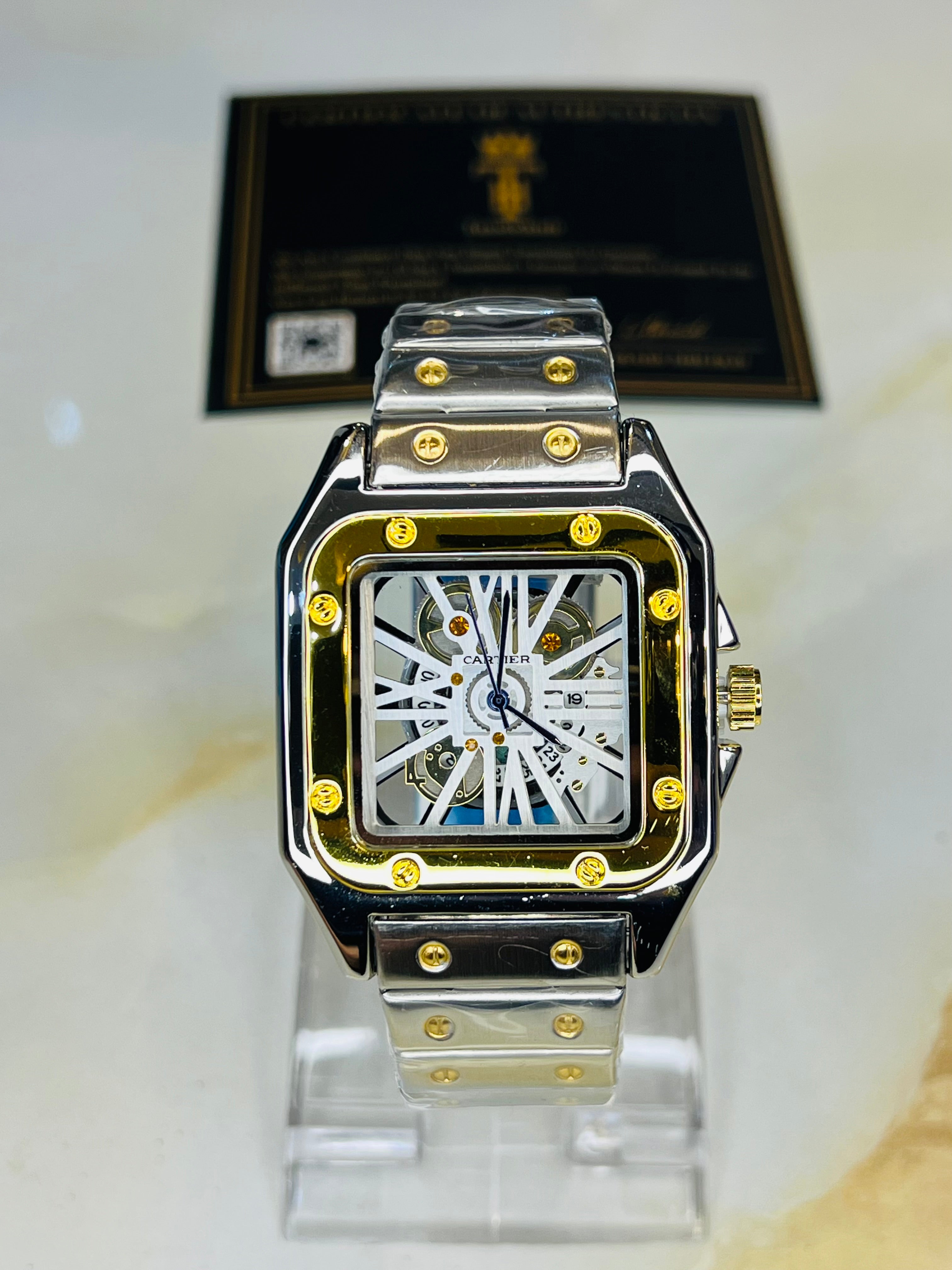 Two Tone White Dial Skeleton Santos Watch