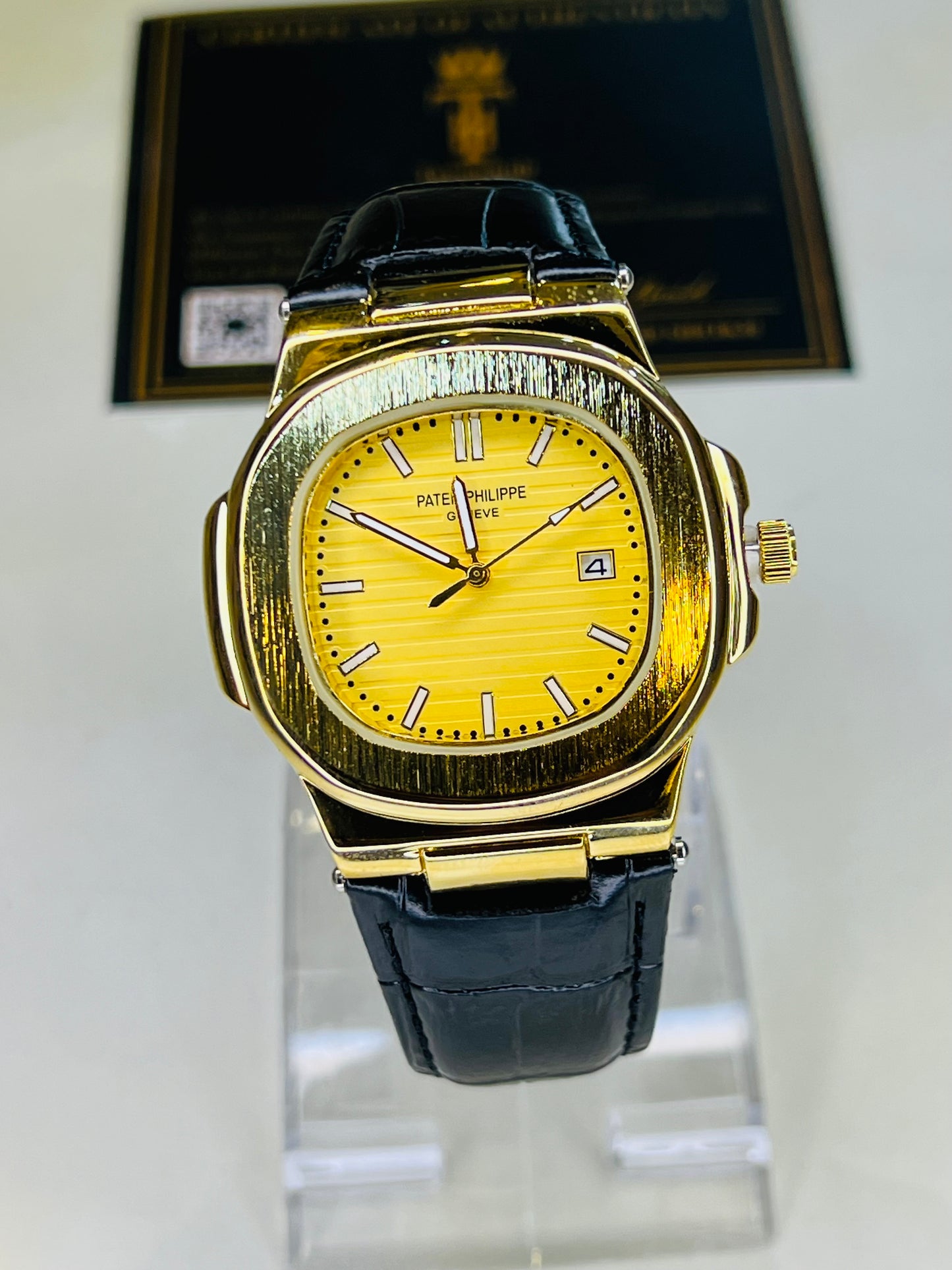 PP Black Leather Strapped Gold Nautilus Watch