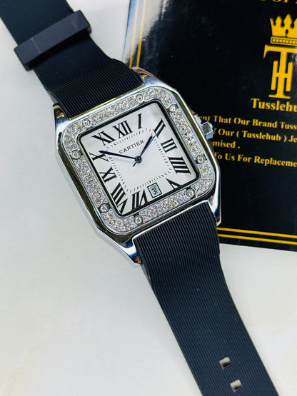 Silver White Iced Tank Silicon Cartier Watch