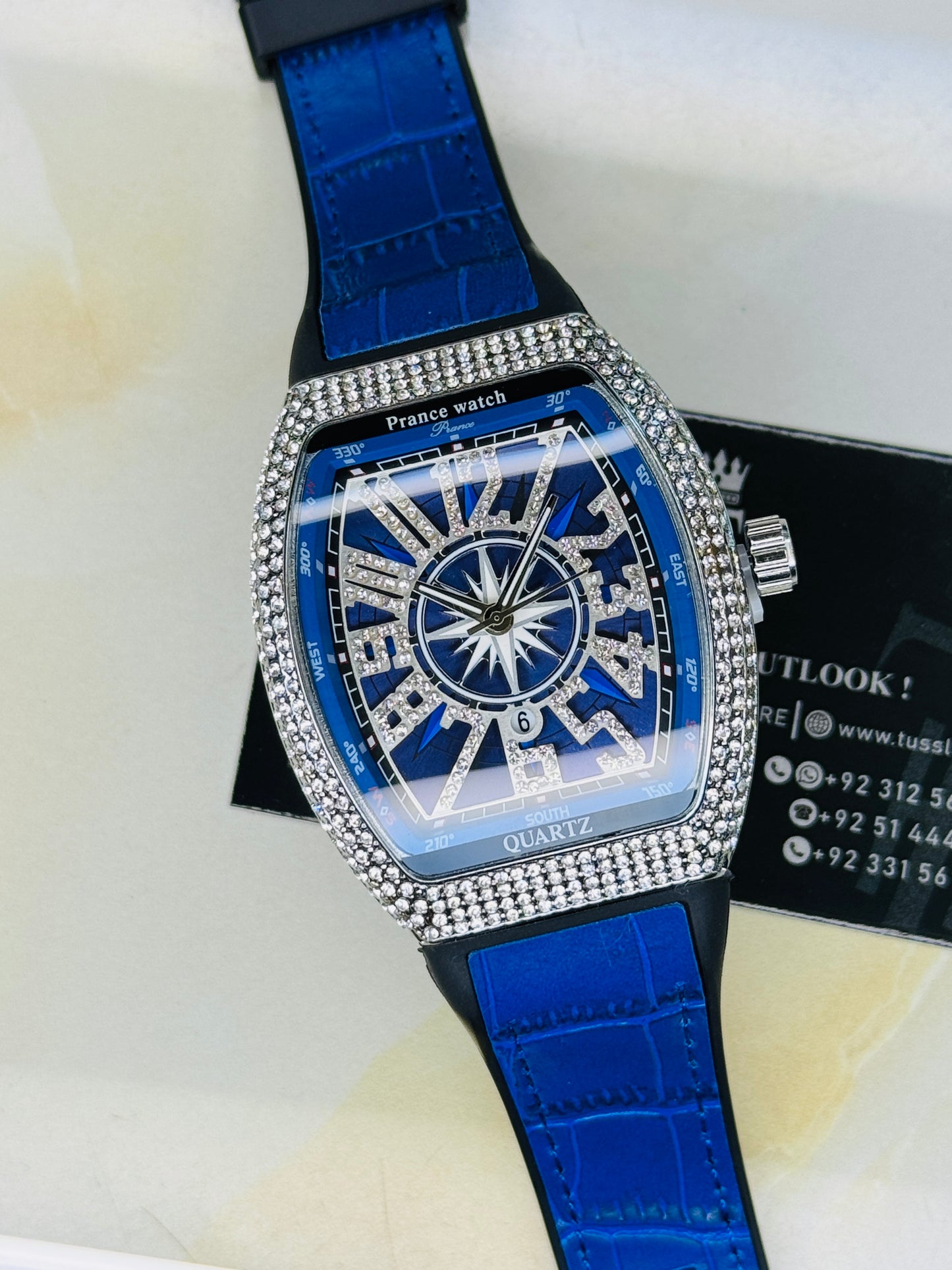 Blue Silver Iced Frank Muller Watch