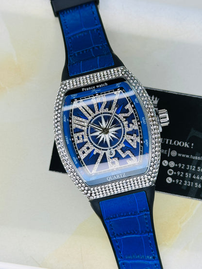 Blue Silver Iced Frank Muller Watch