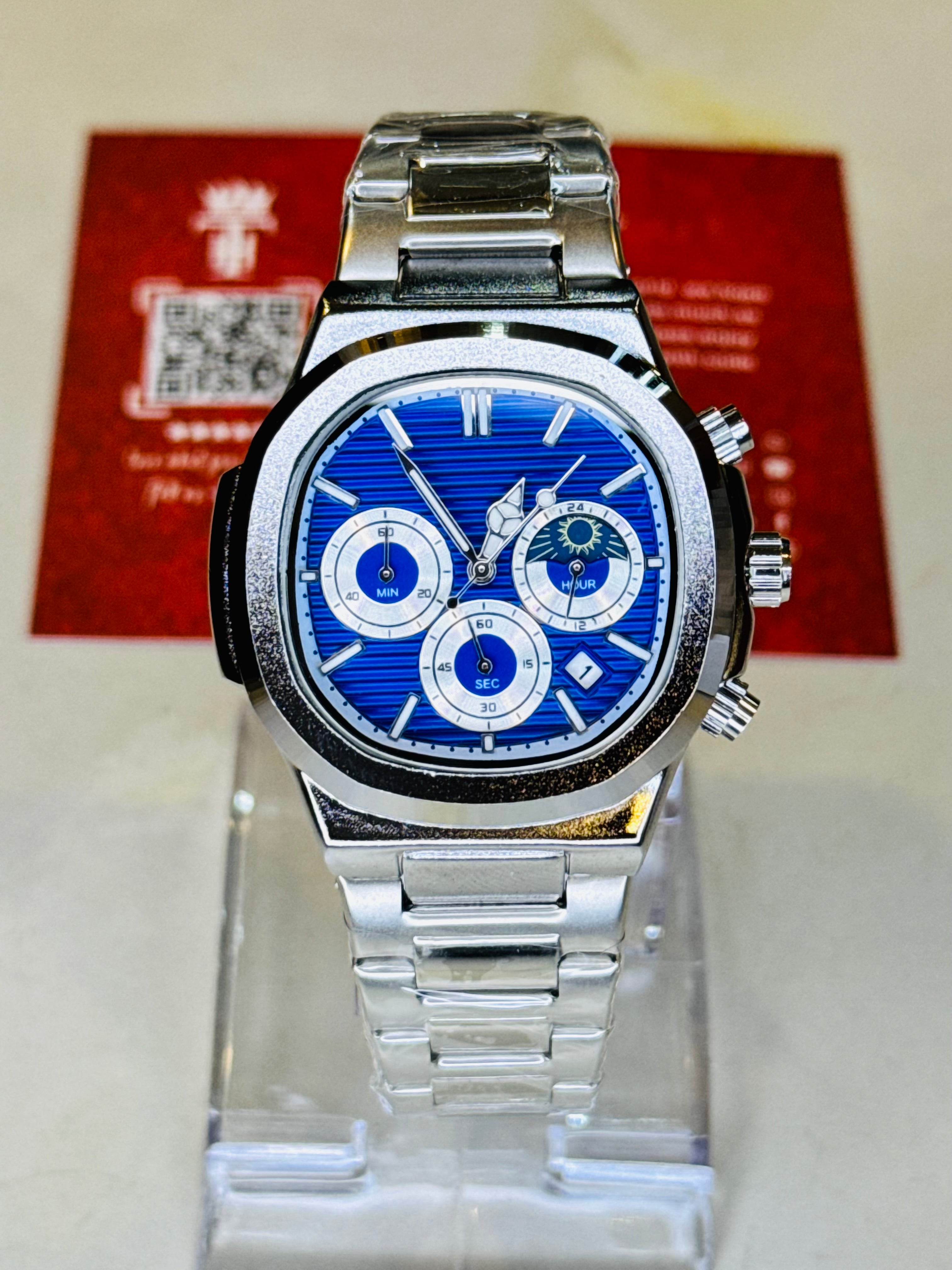Silver Blue Nautilus Chronograph Watch