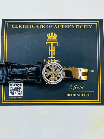 Black Leather Silver Black Dial Nautilus Watch