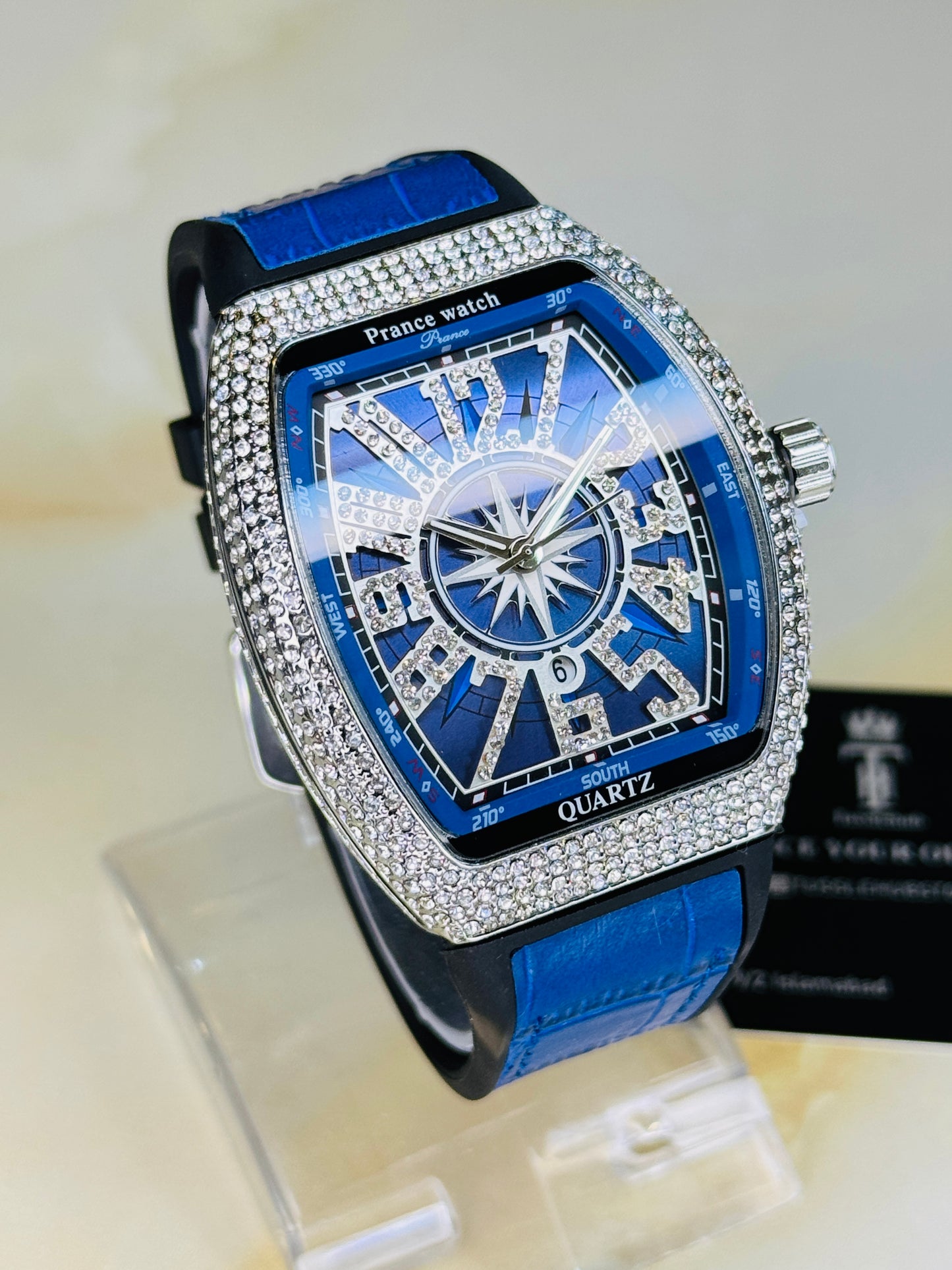 Blue Silver Iced Frank Muller Watch