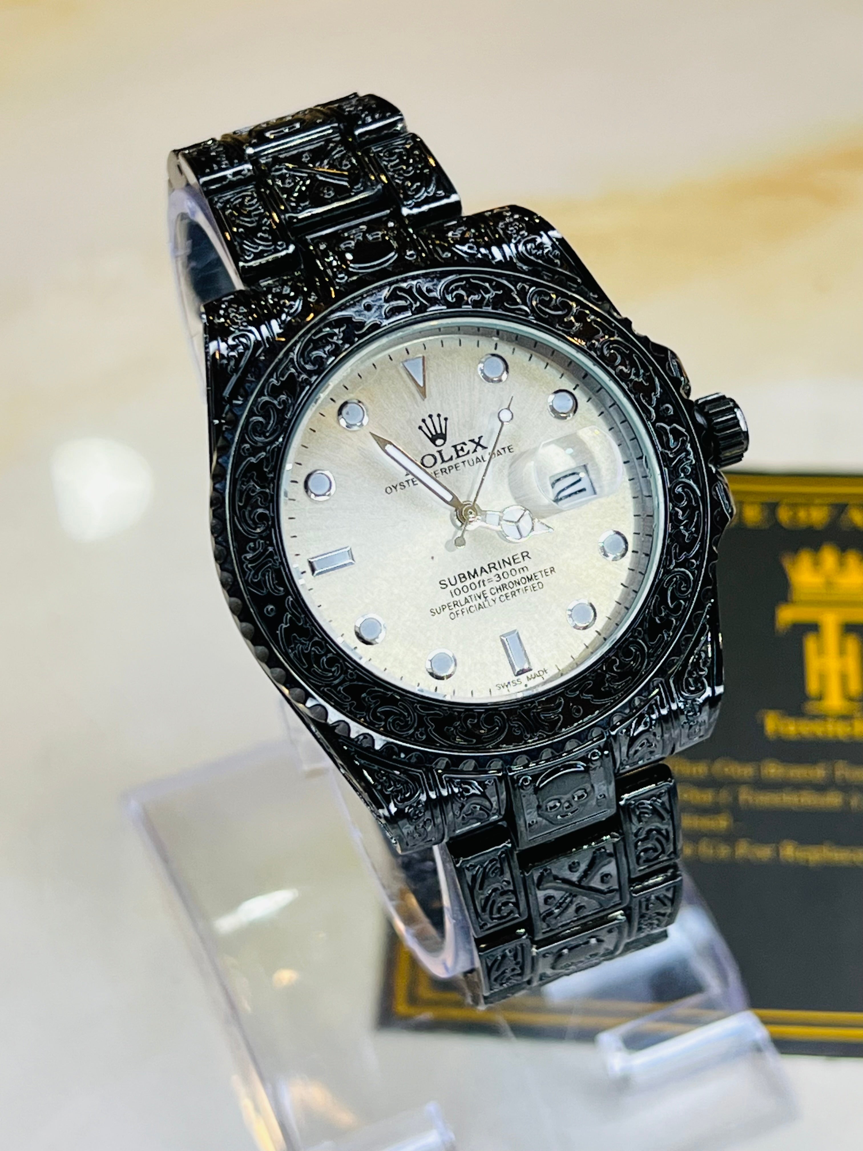 Black White Calligraphic Engraved Rolex