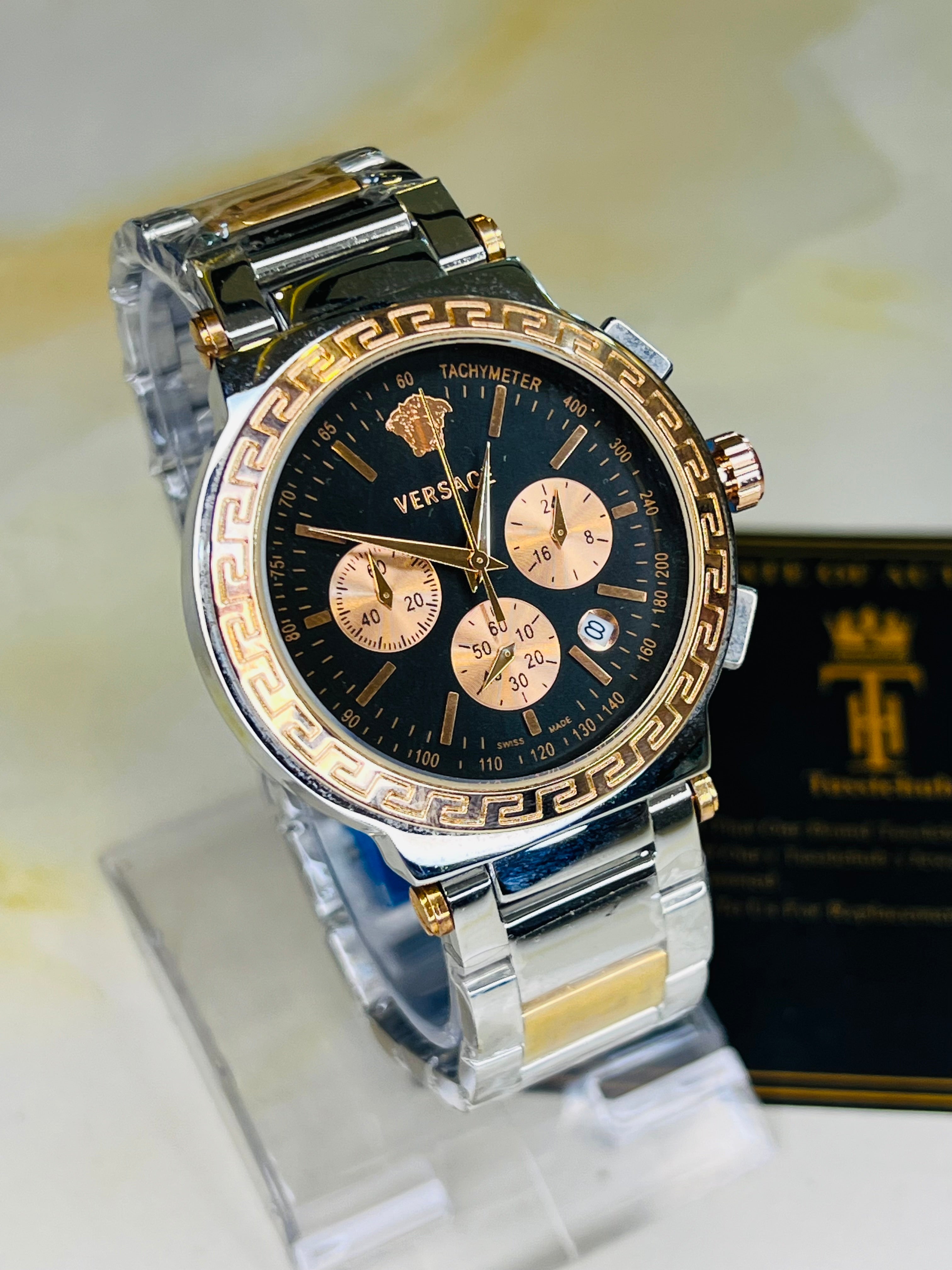 Silver Copper Versace Black Chronograph Dial Watch