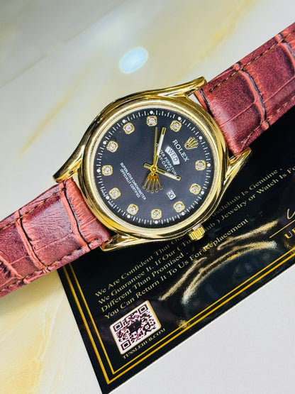 Brown Gold Black Round Leather Rolex Watch