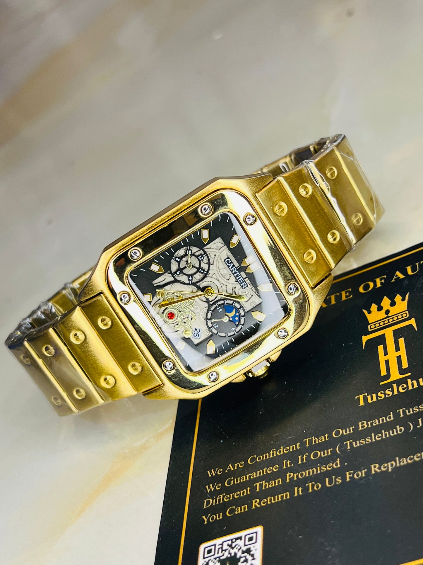 Tank Gold Black Dial Square Premium Watch