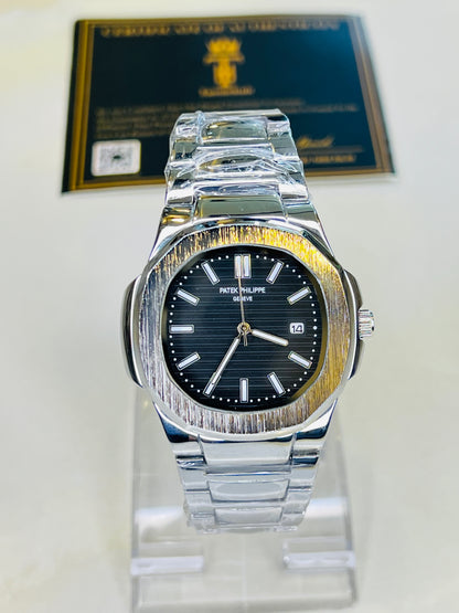 Silver Nautilus Black Dial Watch
