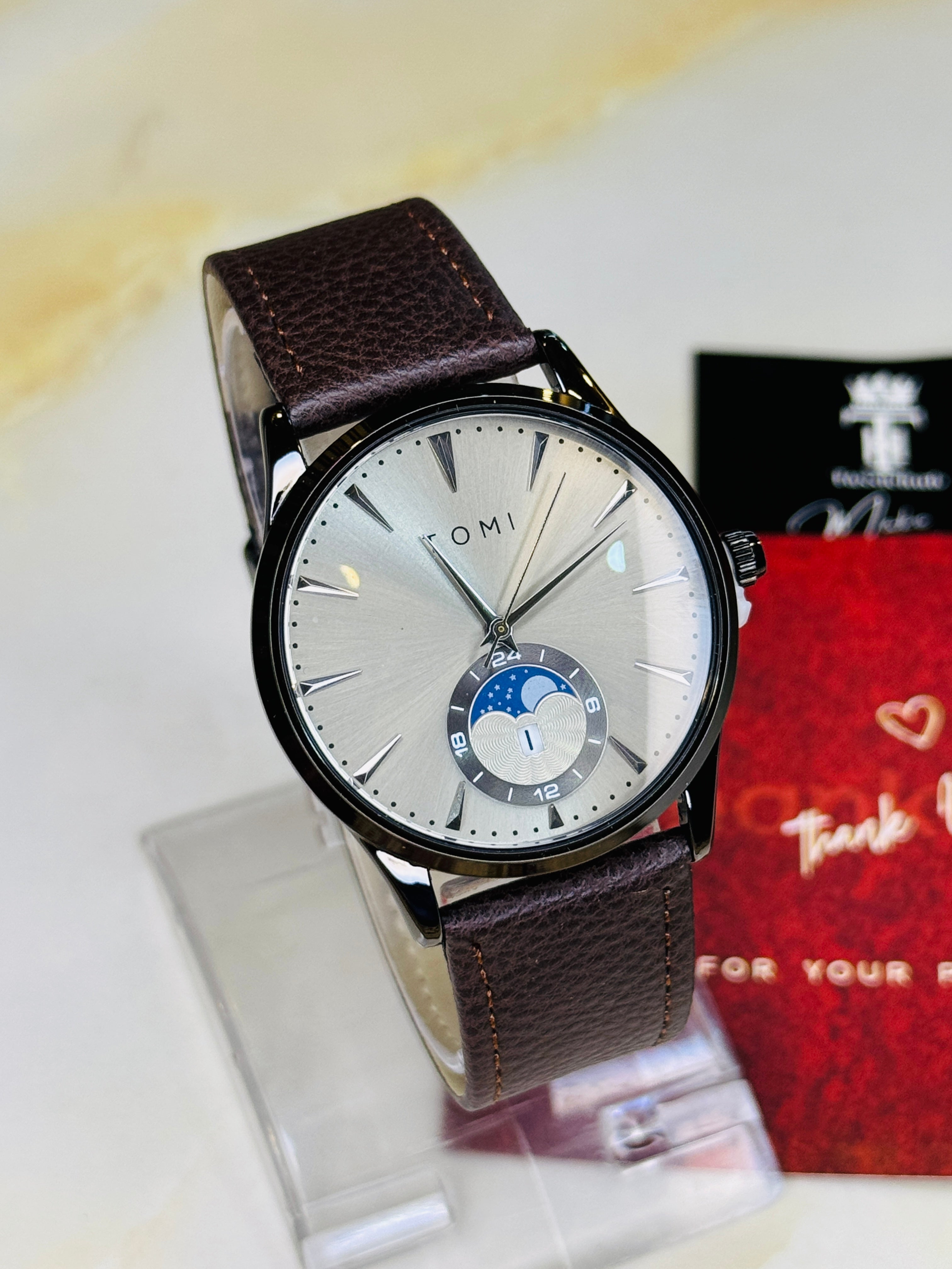 Tomi Coffee Grey Leather Magnetic Strap Watch