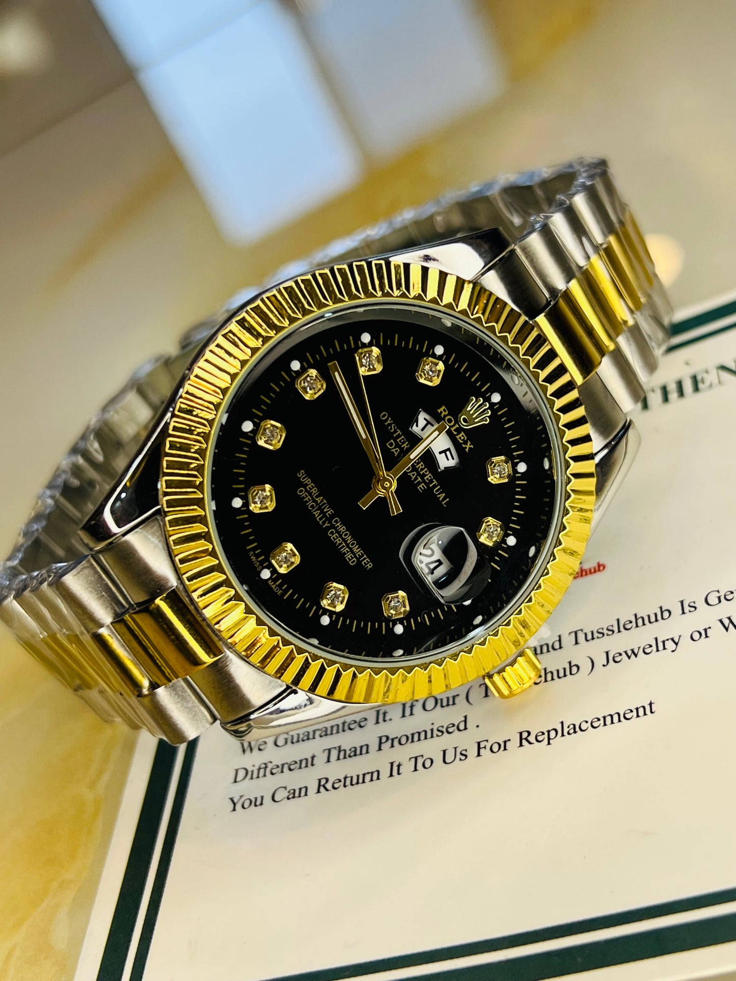 Premium Day Date Two Tone Black Dial Watch