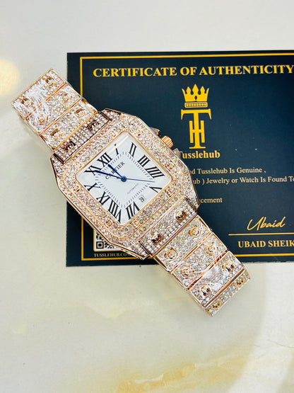 Square Iced Out Branded Rose gold White Dial Watch