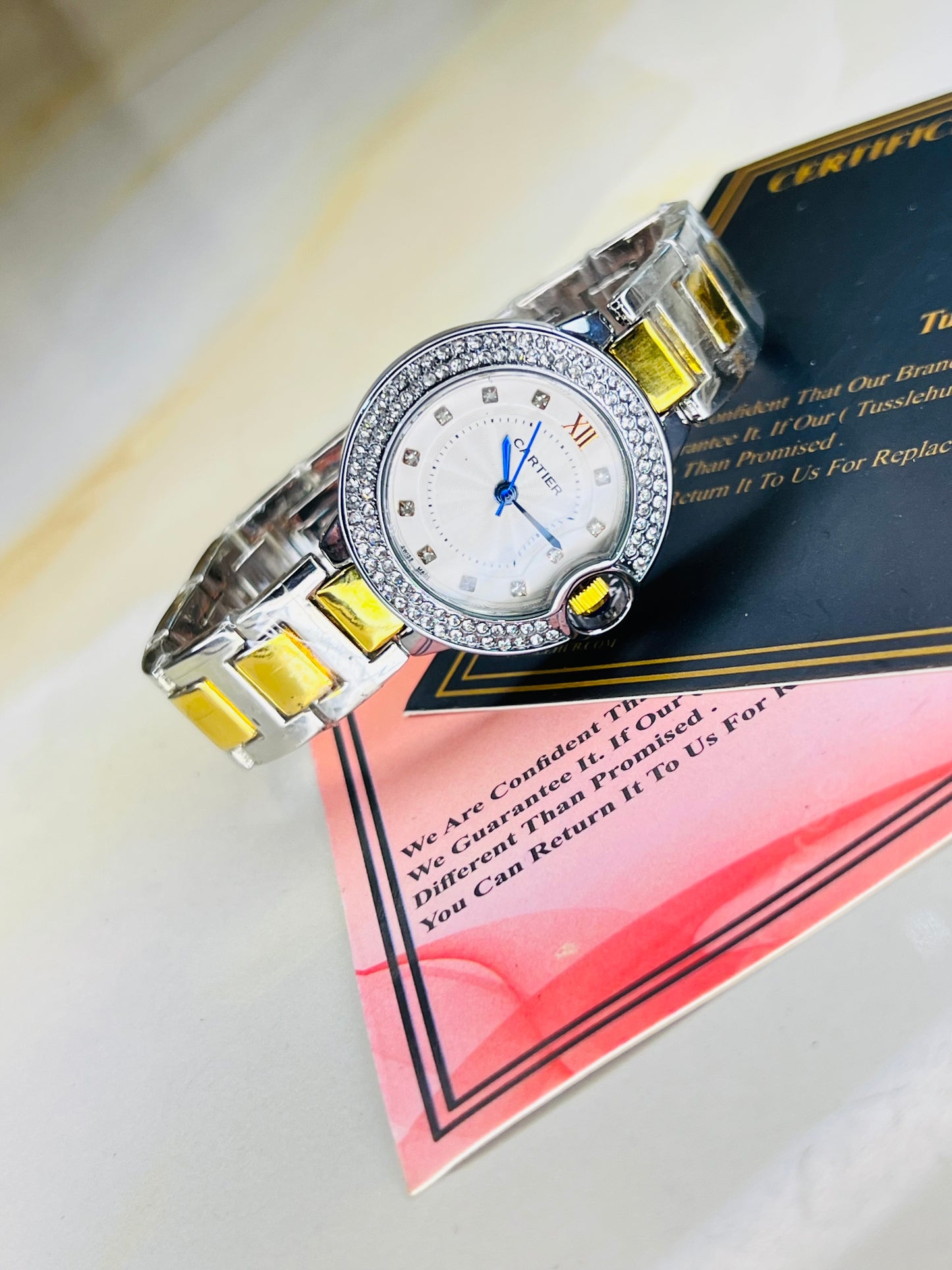 Cartier Silver Gold White iced Dial Watch For Her