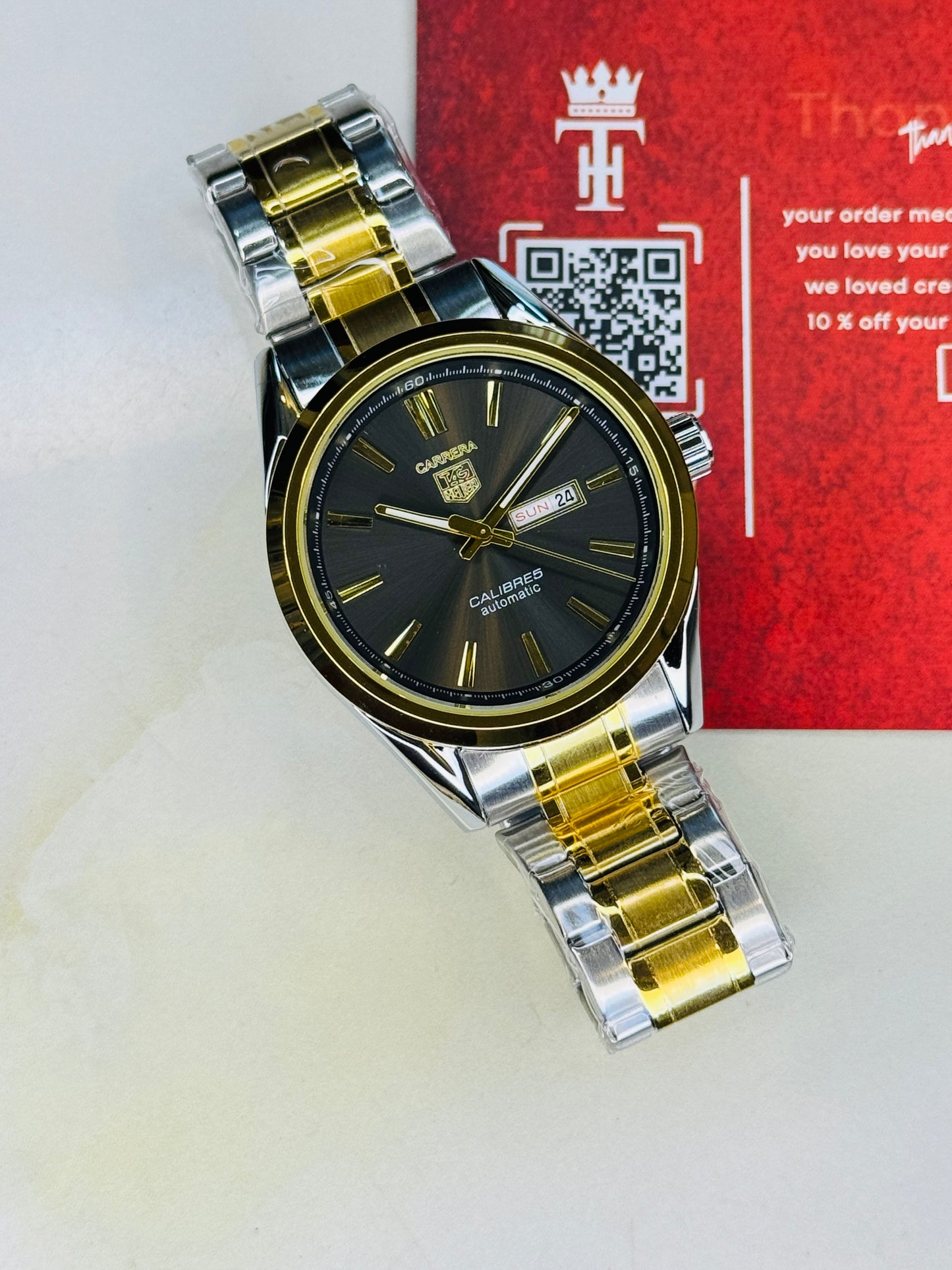 Tag Heur Two Tone Black Carrera Day Date Chain Strapped Watch