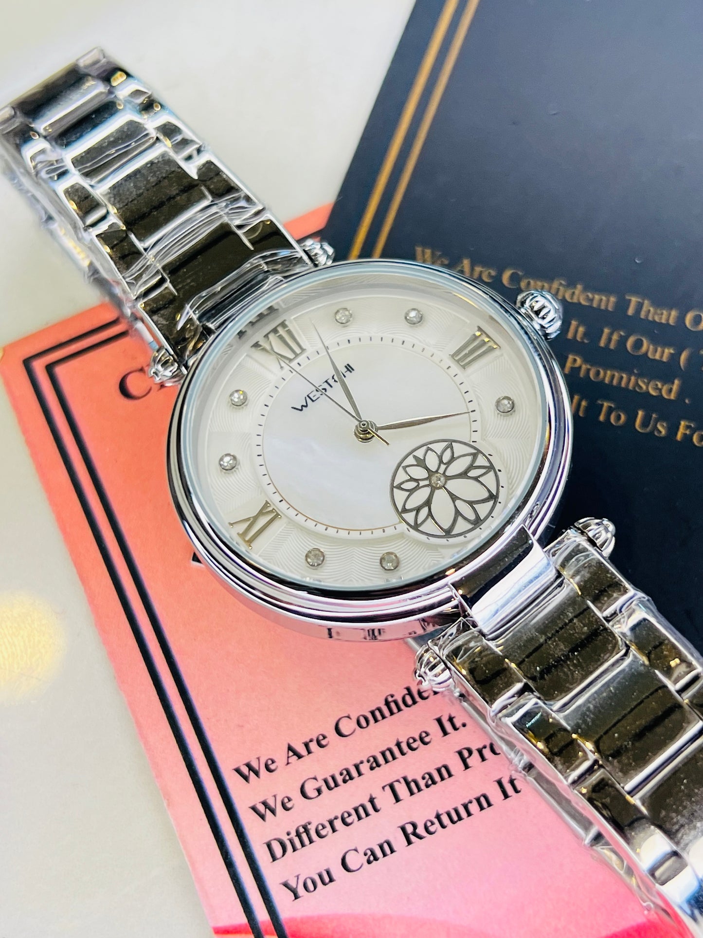 Silver Westchi White Floral Dial Watch For Her