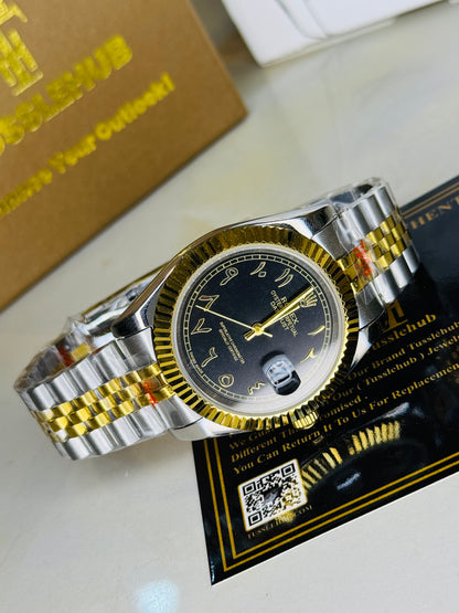 Jubilee Date Just Two Tone Arabic Fluted Black Dial Quartz Watch