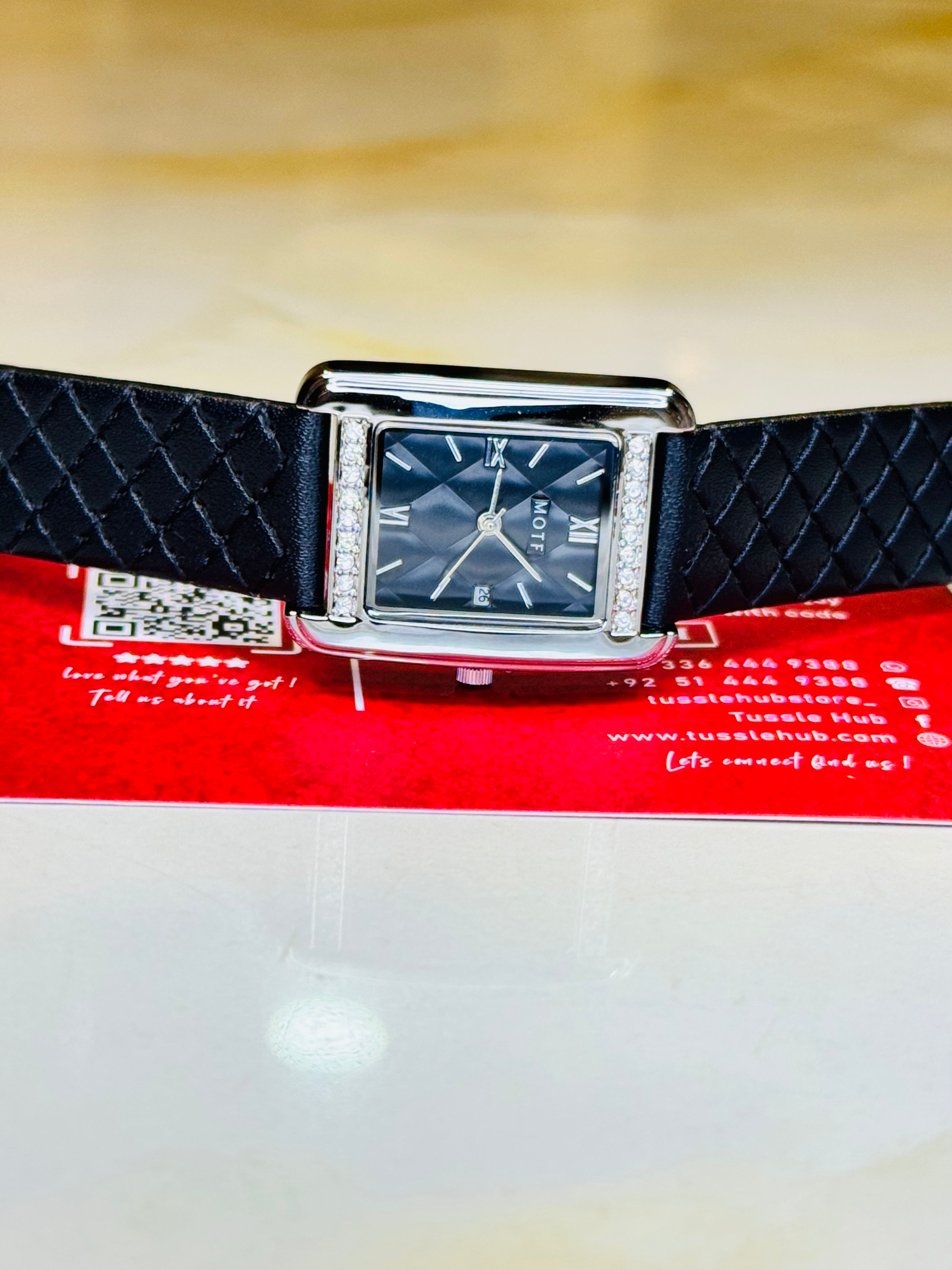 Black Leather Zircon Square Watch For Her