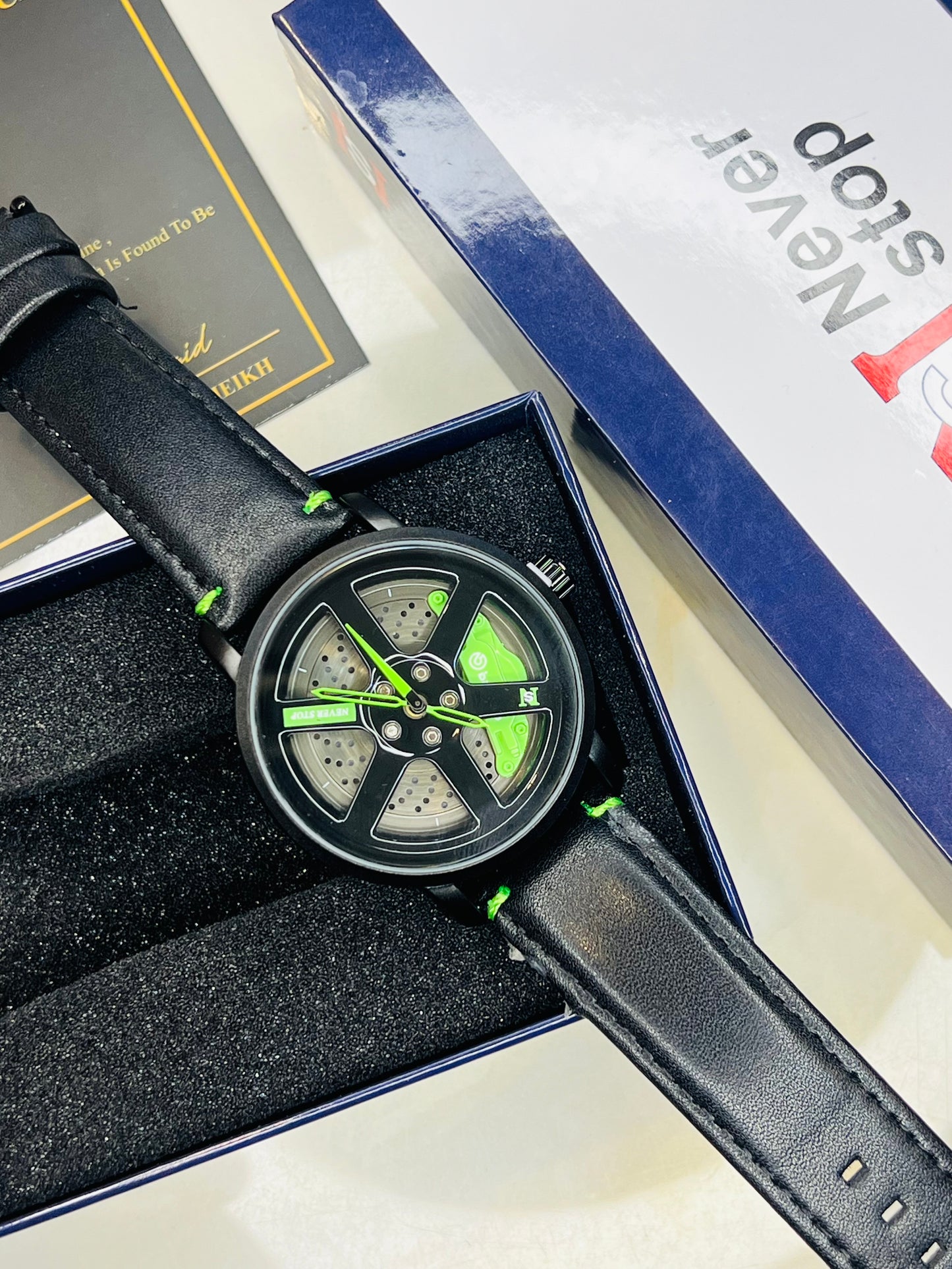 Black Neon Green Leather Strapped Spinner NS Watch