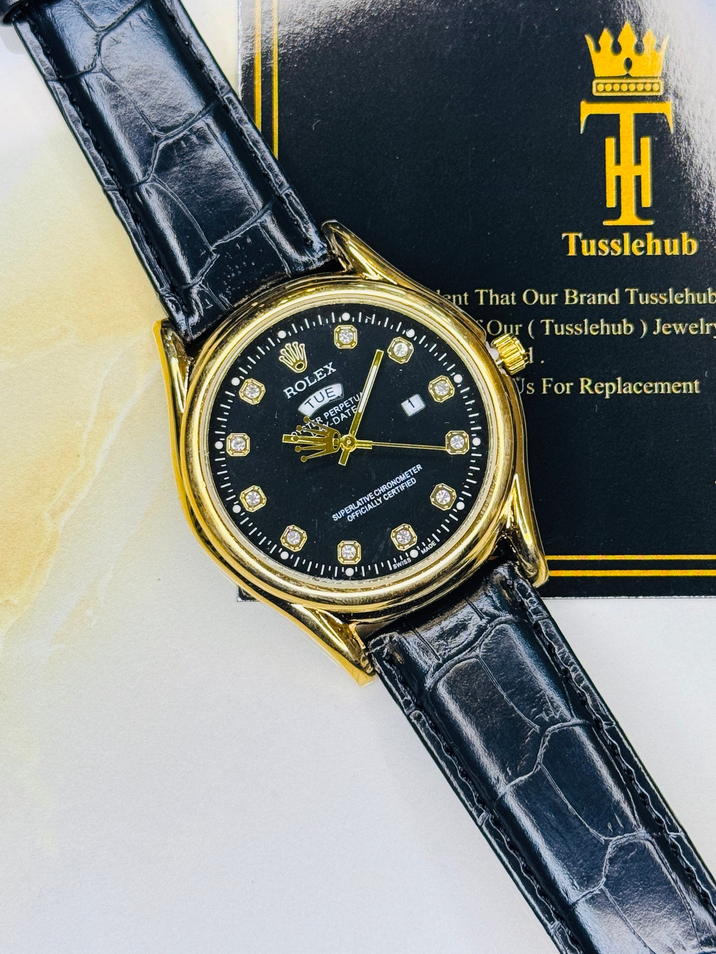 Black Gold Black Round Leather Rolex Watch