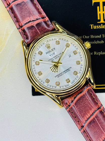 Brown Gold White Round Leather Rolex Watch