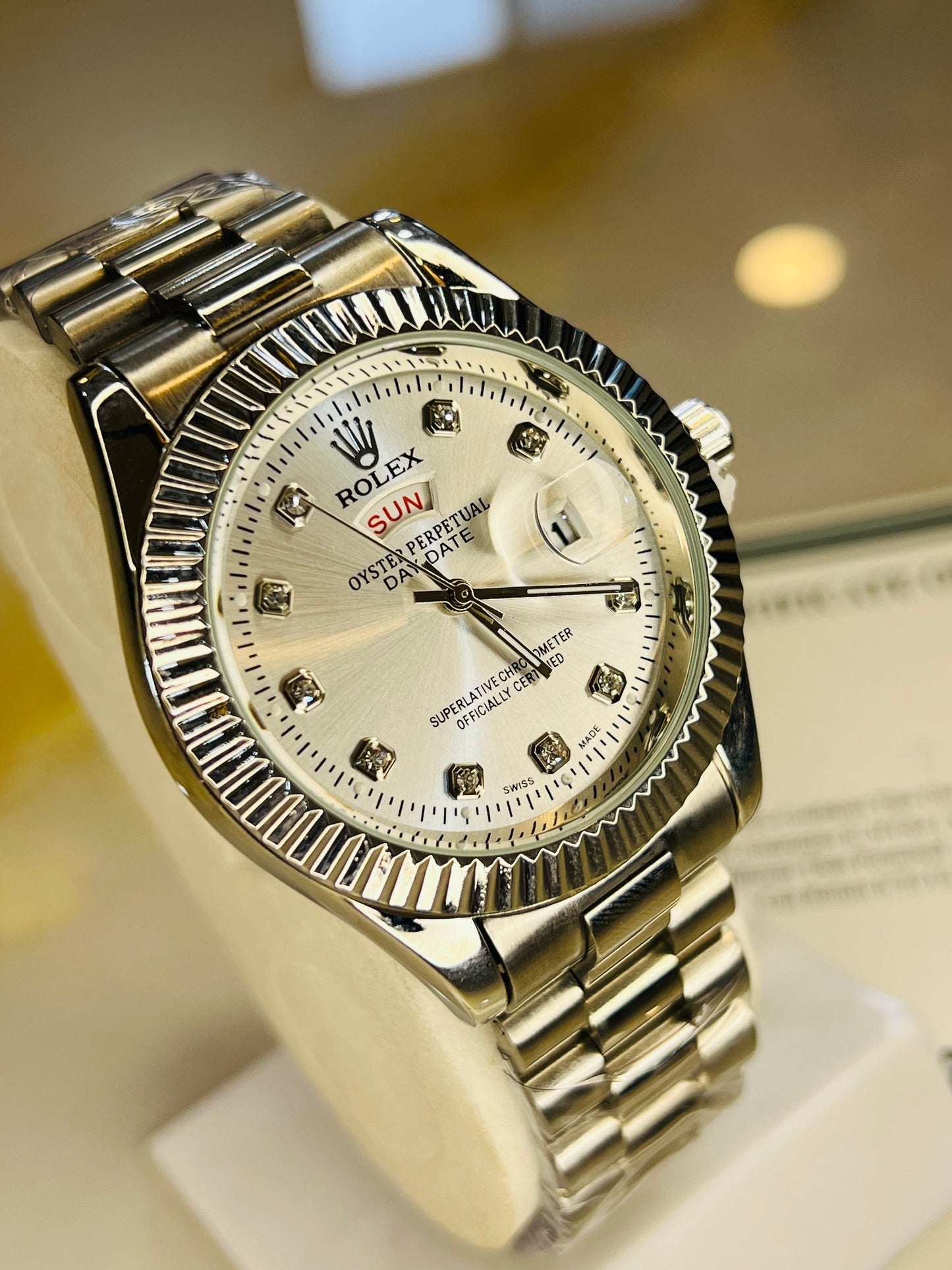 Premium Day Date Rolex Silver White Dial Watch