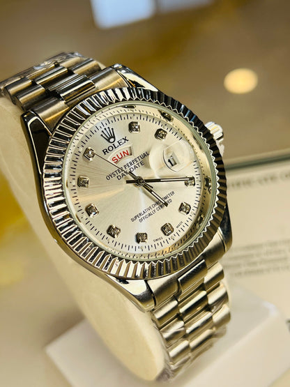 Premium Day Date Rolex Silver White Dial Watch