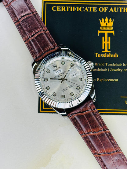 Brown Silver White Day Date Leather Rolex Watch