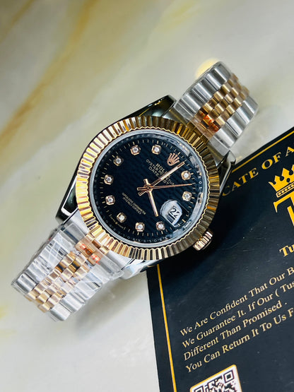 Jubilee Date Just Silver Rose Fluted Bezel Black Dial Automatic Watch
