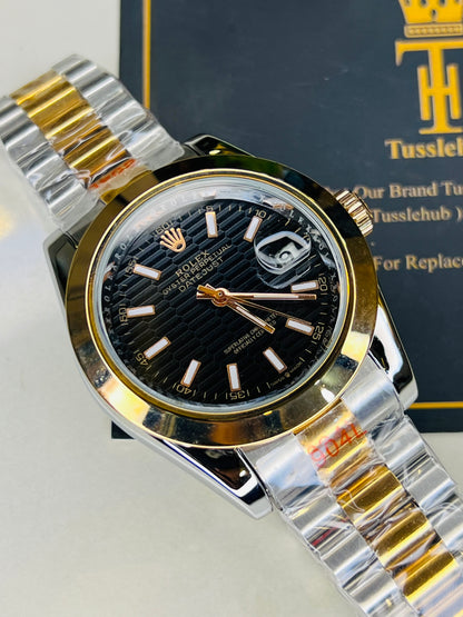 President Date Just Silver Rose Plain Bezel Black Dial Automatic Watch
