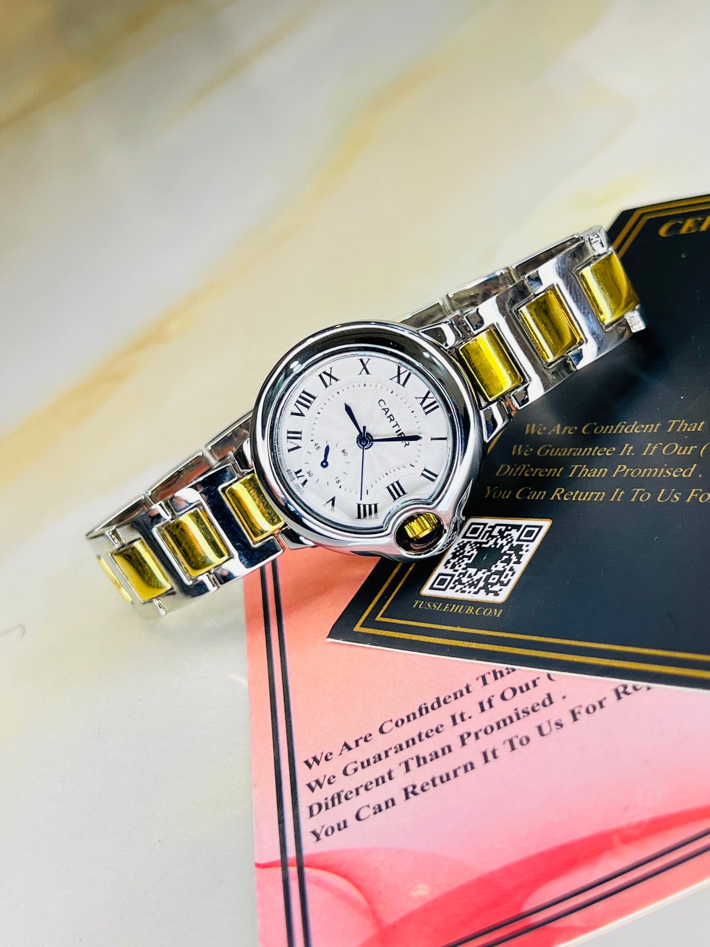 Cartier Silver Gold White Down Second Dial Watch For Her