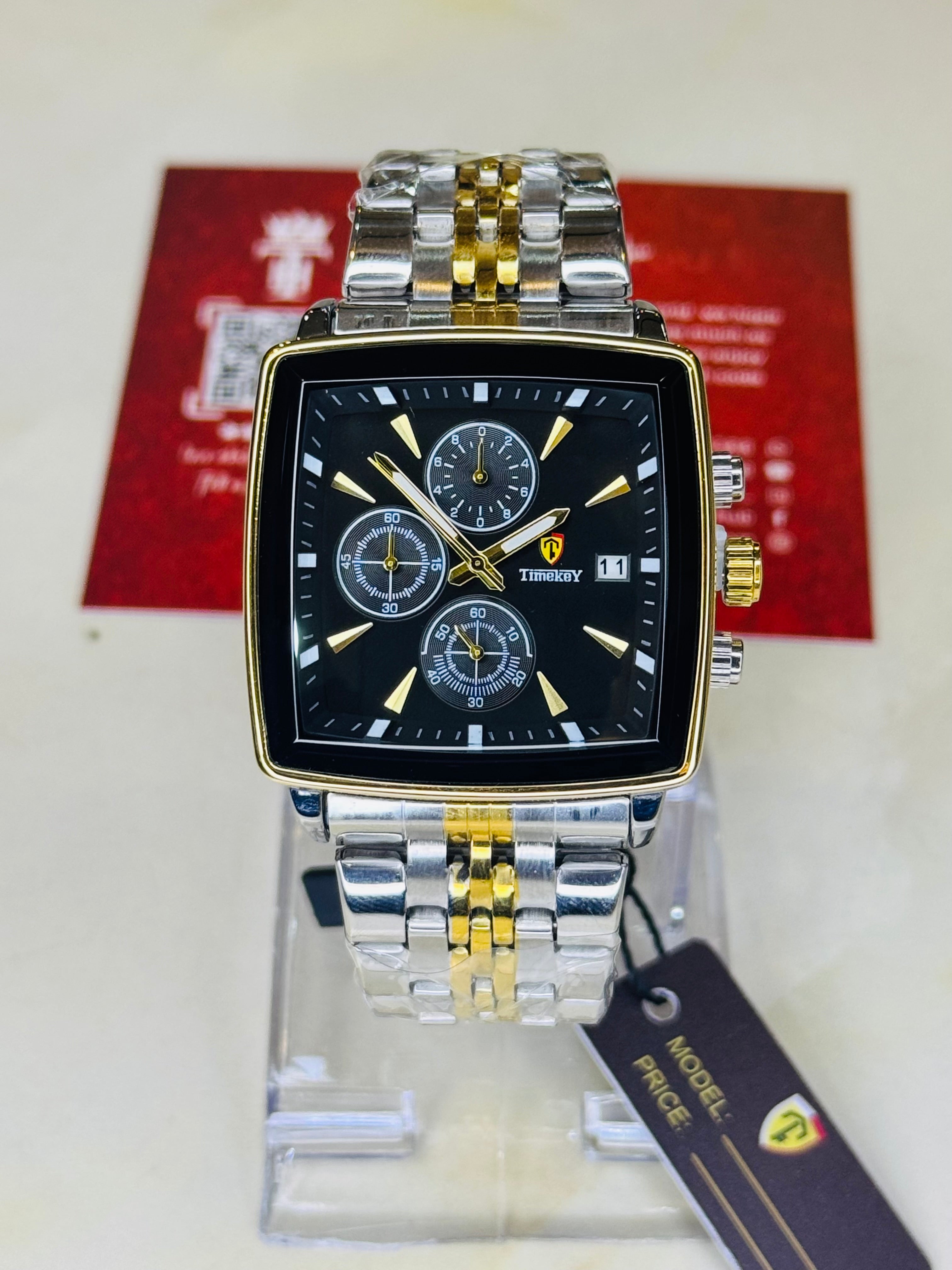 Timekey Two Tone Black Square Chain Chronograph Watch