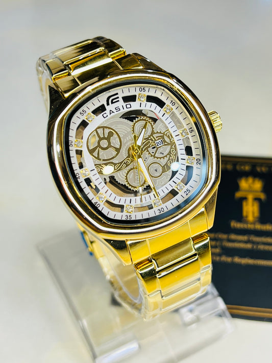 Gold White Square Skeleton Edifice Watch