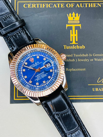 Black Rose Gold Sapphire Leather Rolex Watch